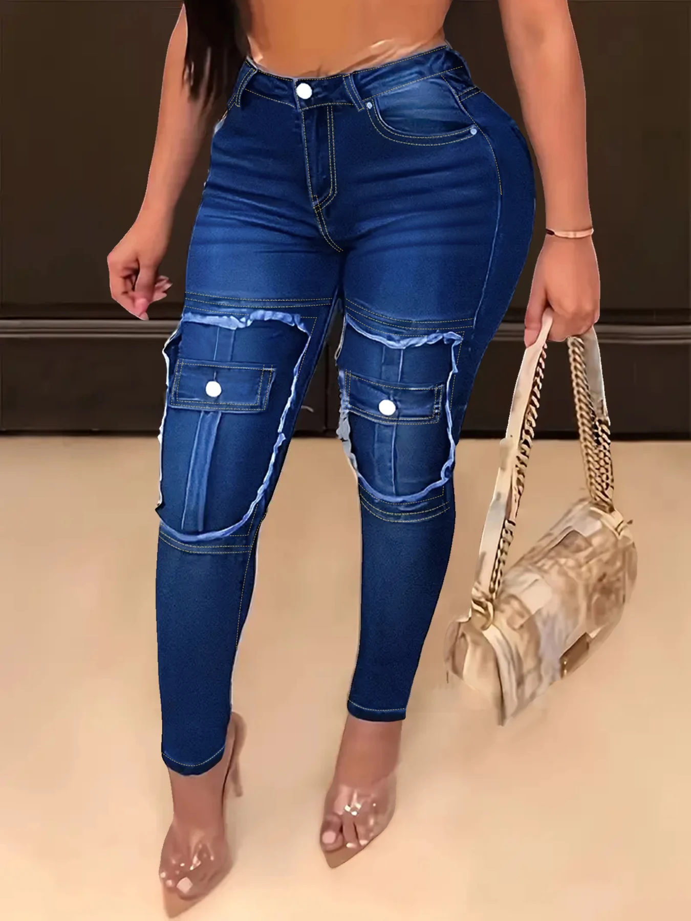 

Женские джинсы больших размеров с завышенной талией и карманами на пуговицах в уличном стиле, эластичные и облегающие, делает ноги больше, р.