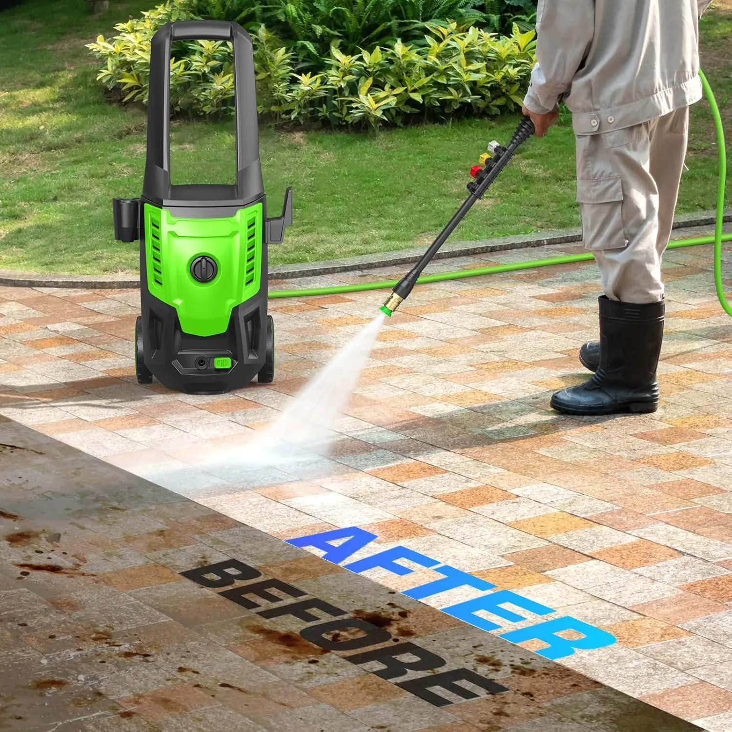 Krachtige drukreiniger met 4 mondstukken en zeepfles - Groen