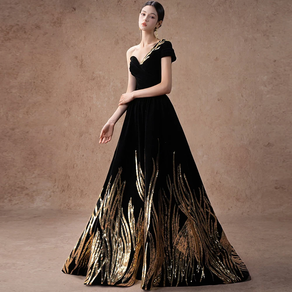 

Elegant One Shoulder Velour Evening Dress Classic Sleeveless Prom Dresses Delicate Appliques Customized Bespoke Occasion Gowns