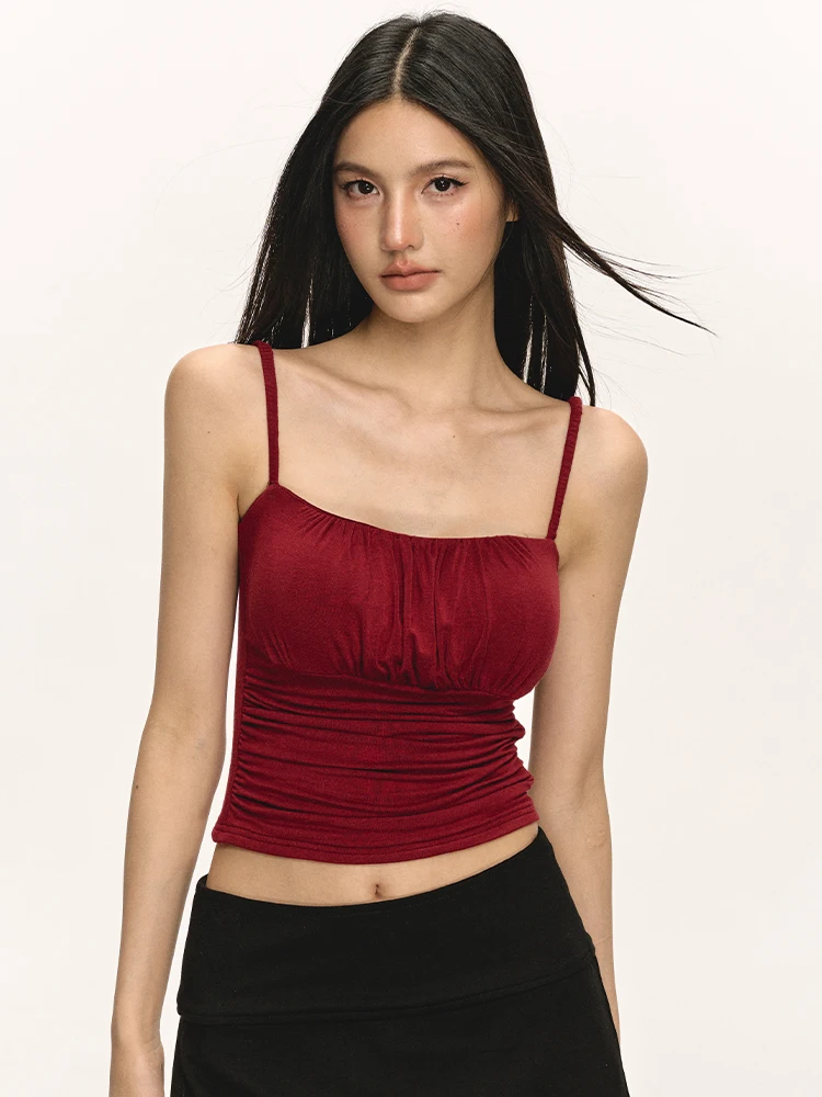 Anna Aneae Women's Short Sleeveless Vest Top Red Summer Outfit with Chest Pad Elastic Strap Tank Top Inner Wear Outerwear