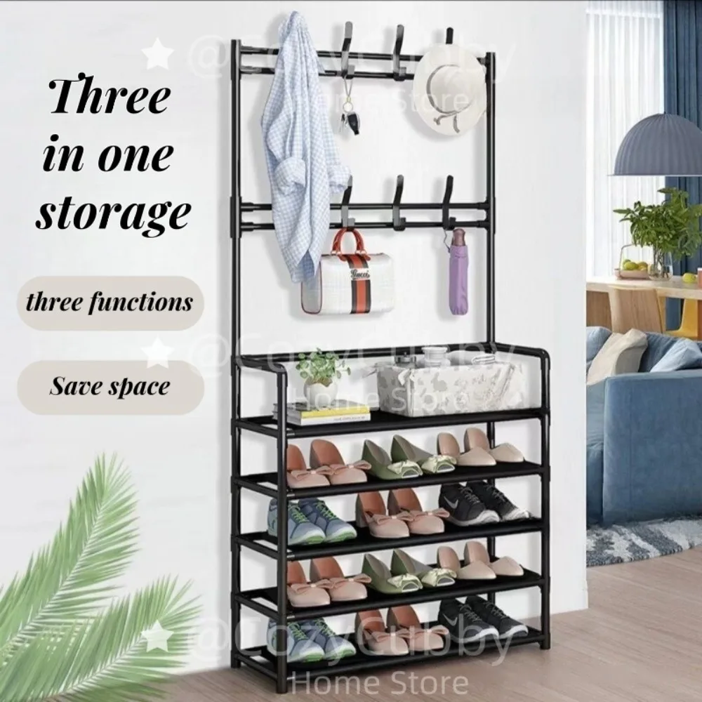 Clothes Hanger Shoe Rack Large Multi-Layer Clothes Shelf with Hooks Simple Floor-Standing Entrance Living Room Organizer Storage