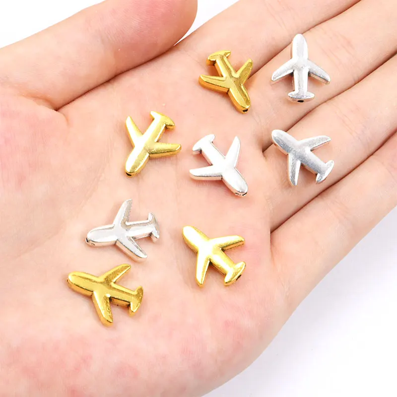 10pcs Airplane Alloy Spacer Beads Charms 1.3mm Hole Gold/Silver Color Metal Loose Bead For Jewelry Making DIY Bracelet Accessory