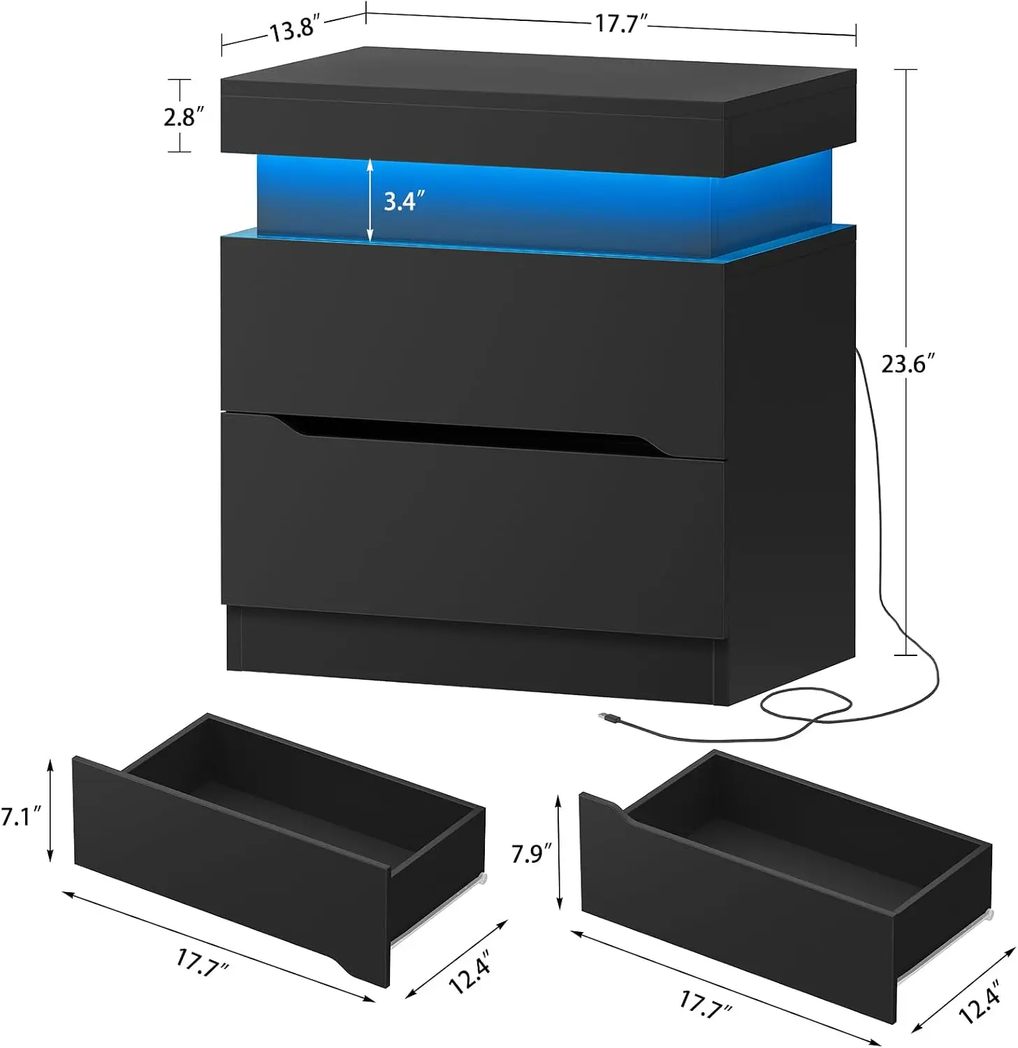 TEENFON Nightstands Set of 2, Night Stand with 2 Drawers, Nightstand with App-Controlled Adjustable LED Light, Bedside Table with Slidable Hidden Storage Space, Modern Nightstands for Bedroom,Black