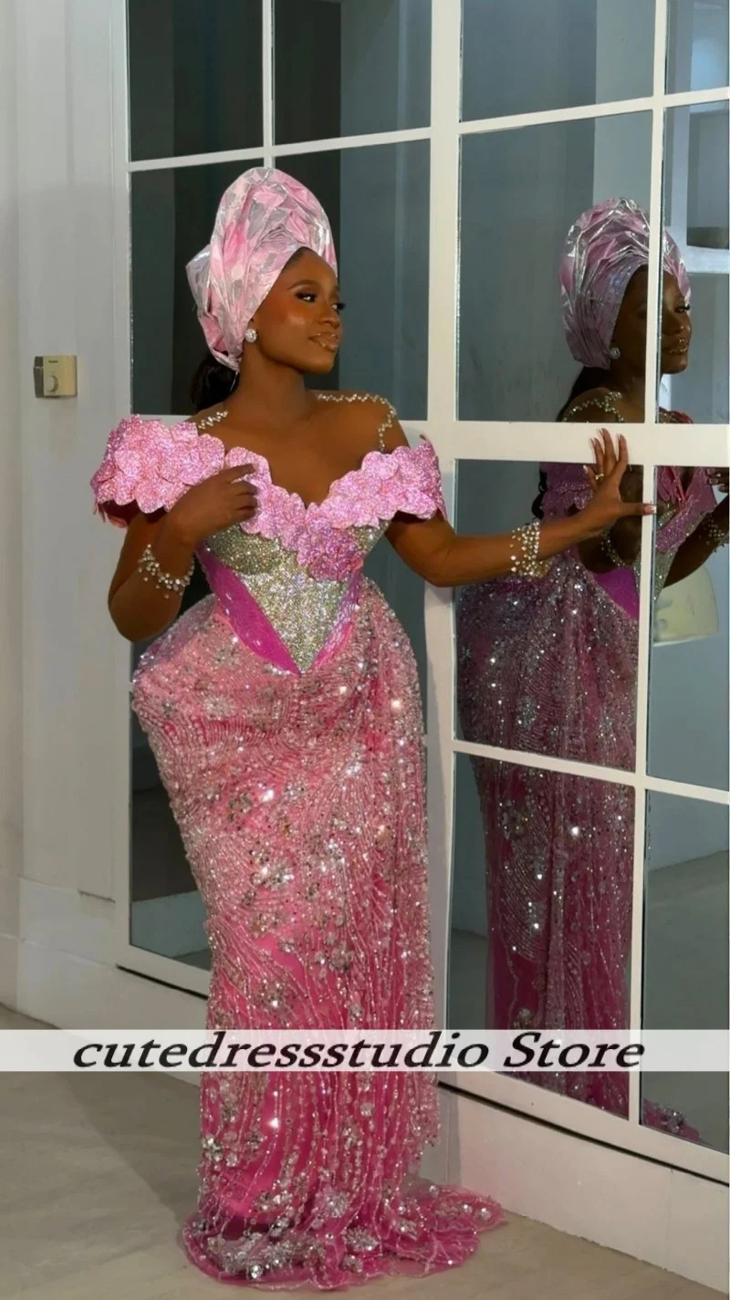 Robe de soirée sirène rose scintillante, avec des appliques de paillettes, manches transparentes, longue robe de soirée de mariage, robes de bal Aso Ebi personnalisées