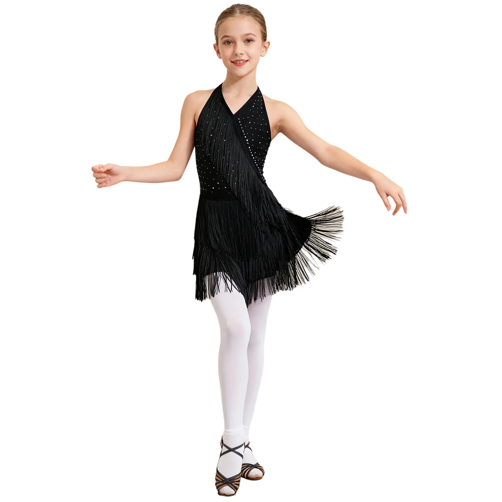 

Kids Girls Latin Dance Dress Glittery Rhinestones Fringe Leotard Dress Halter V-neck Sleeveless Strappy Back Tassel Jumpsuit