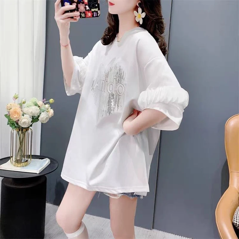 Fashion O-Neck Spliced Ruffles Split Sequined T-Shirts Female Clothing 2024 Summer New Loose Korean Tops All-match Tee Shirt