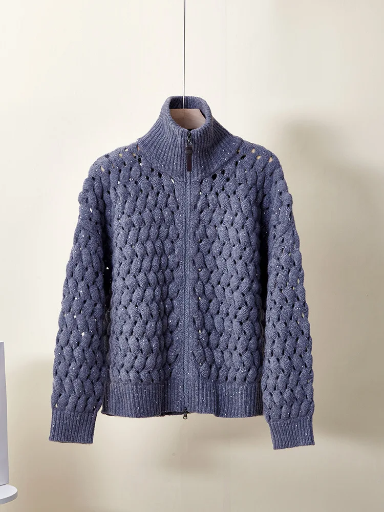 Autumn Winter Stand-up Collar Zipper Knitted Cardigan Women's Hollow Bright Silk Sweater Jacket