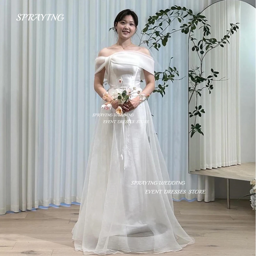 SPRAYING Graceful Silk Satin A Line Korea Wedding Dresses For Photoshoot Off Shoulder Sleeves Bridal Gowns Custom Made