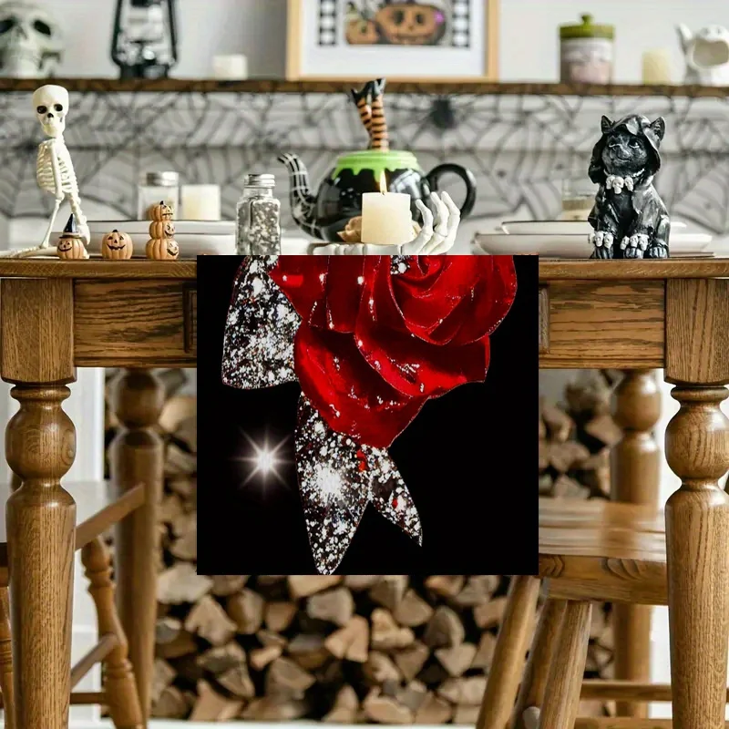 1 Piece of Luxurious and Vibrant Style, with a Warm Red Tone, Exuding a Romantic and Passionate Atmosphere, Rose and Diamond Embellished Table Runner, Suitable for Dinner Parties, Holiday Parties, Family Gatherings, Children's Events, Themed Cafes, Home Decoration, Christmas Markets, Cozy Tea Parties