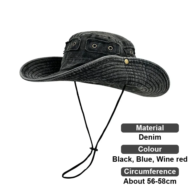 Cowboy Bucket Hat with String Men Denim Beach Sun Hat for Women Outdoor Hiking Fisherman Hat