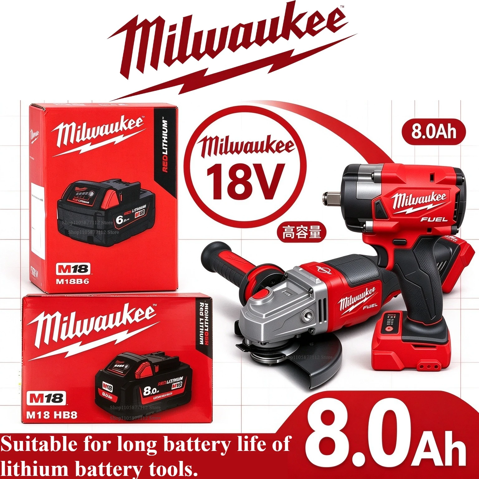 Milwaukee M18 18V 8.0Ah Lithium Battery High Energy 21700 Cell for FUEL212 Impact Drill Angle Grinder 18V Cordless Power Tools