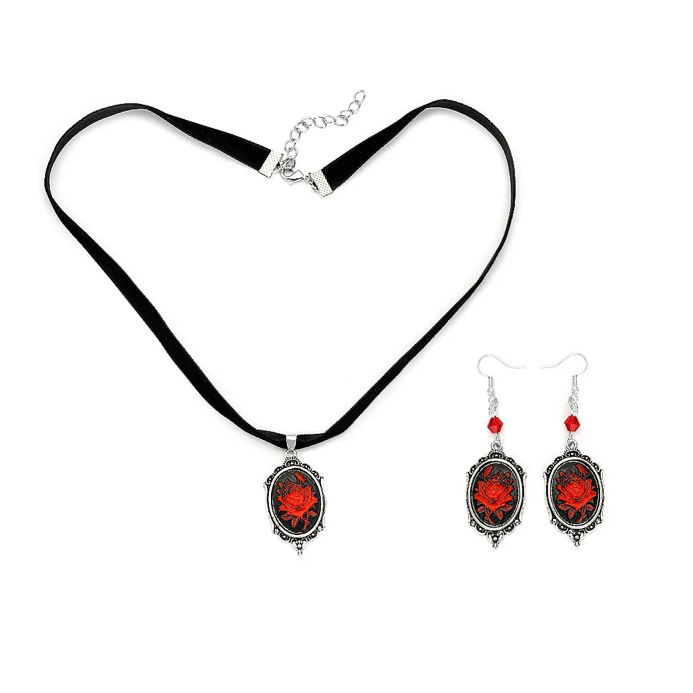 

Gothic red rose diy necklace earrings, retro velvet with flower collar, elegant necklace