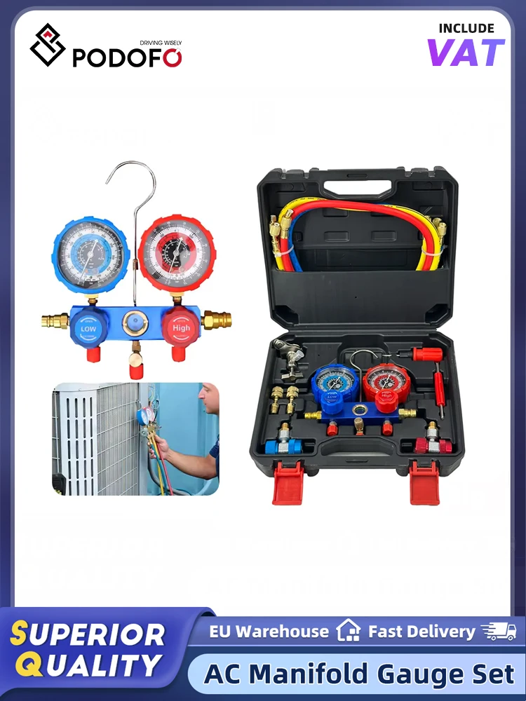 Podofo AC Manifold Manometer-Set Kfz-Klimaanlagen-Kältemittel-Füllwerkzeug AC Manifold Manometer-Set mit Schläuchen und Aufbewahrungsbox