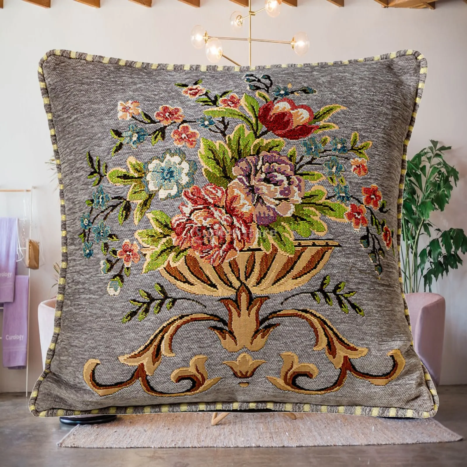 19x19inch Machine Washable Jacquard Pillow Cover Floral Pattern Pillowcase for Guest Rooms Accessories Lightweight Multipurpose