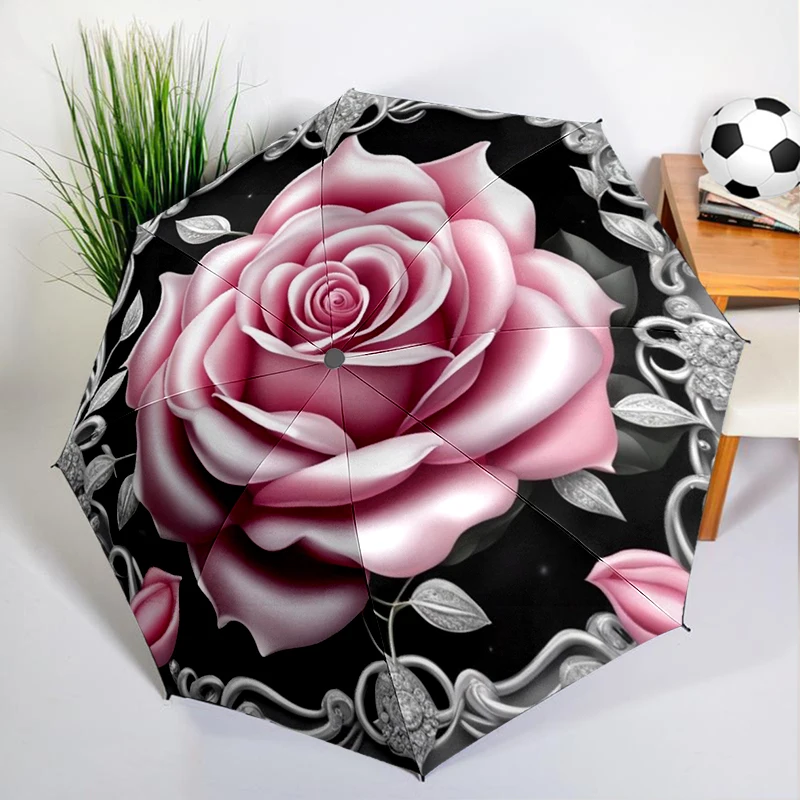 

Retro Red Pink Rose Umbrella Automatic Open/close, Sturdy Iron Frame & 8-Rib Struct, Umbrella for Women & Men, Christmas Gifts