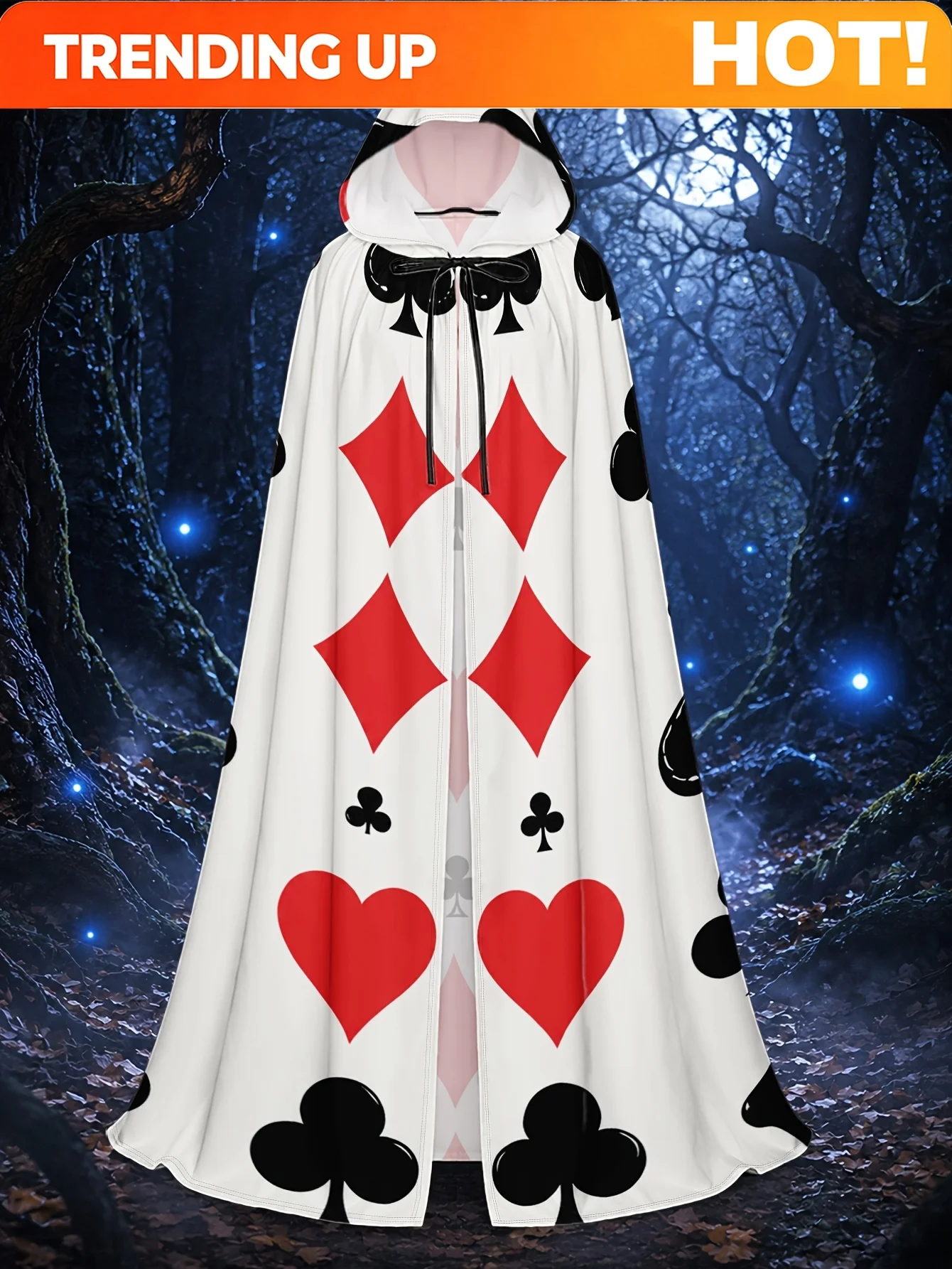 Customization 1pc Polyester Hooded Cape With Red Black Playing Card Suits Pattern, Designed For Halloween Roleplay And Christmas
