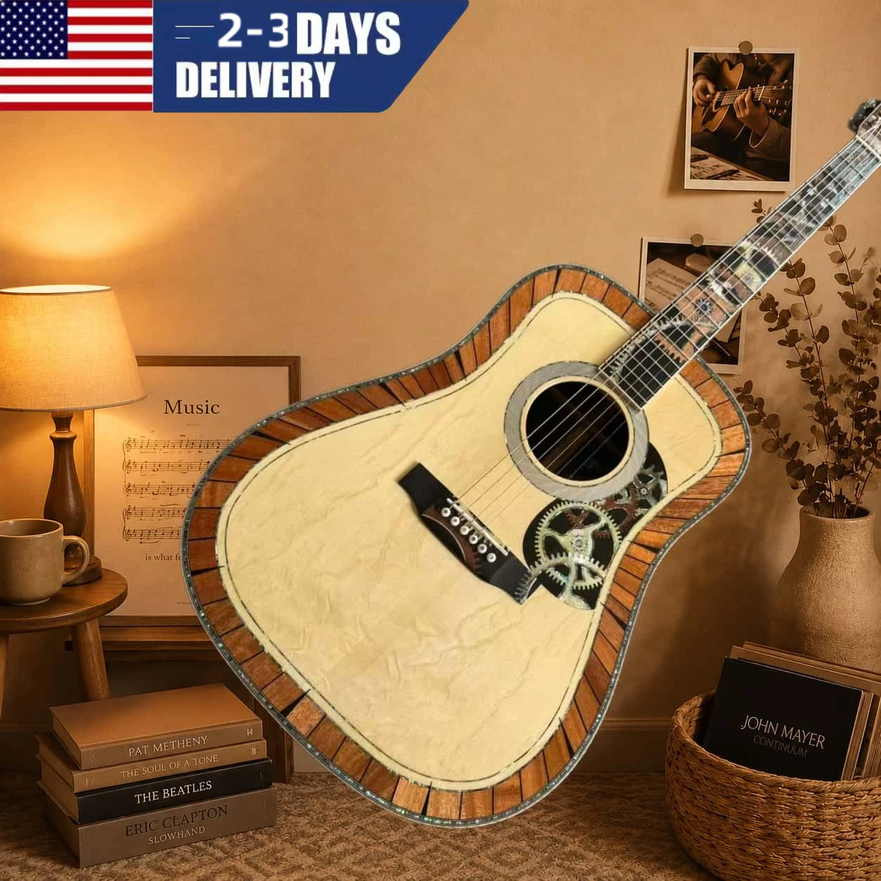 D200 All Solid Wood Acoustic Guitar Ebony Fingerboard Spruce Body Gear Pattern Punk Style Gear Guard Plate Luxurious Abalone Shell Edging 6 Strings Shipped From The United States