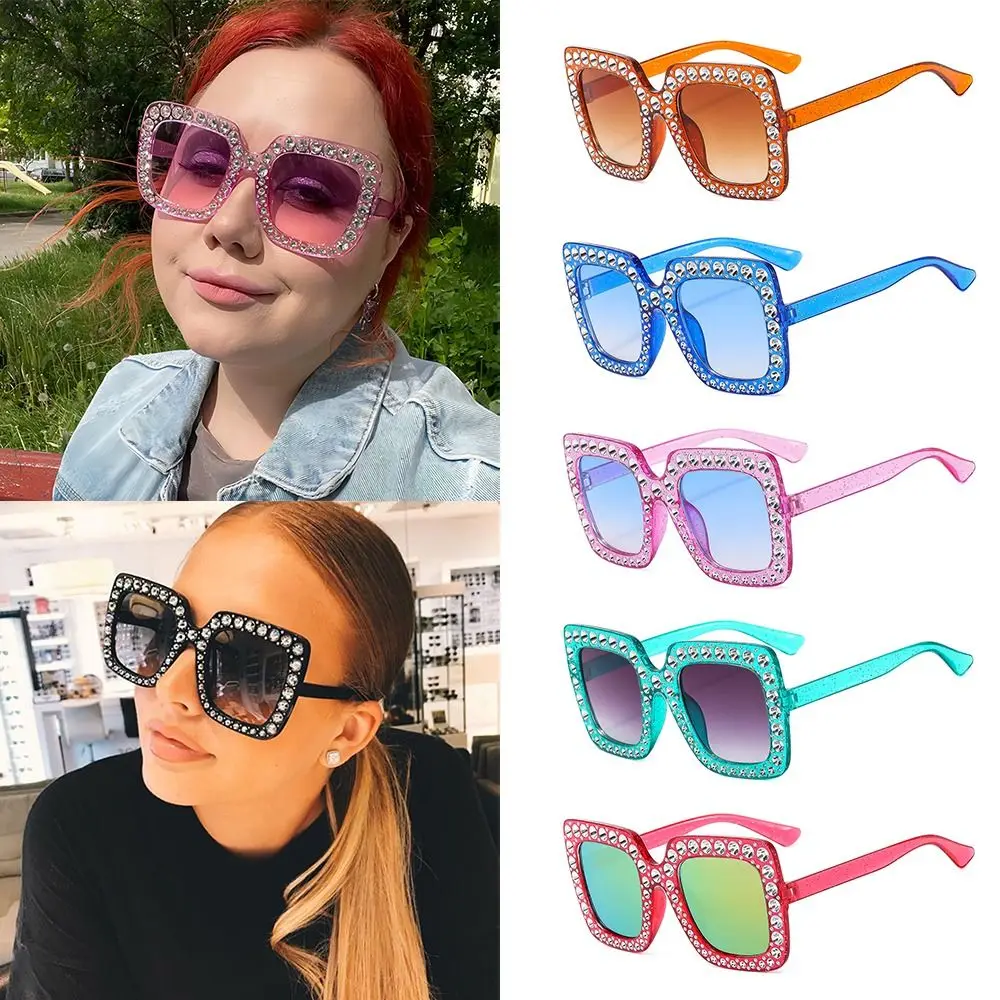 Retro Square Crystal Oversized Sunglasses UV400 Protection Big Frame Shades Sparkling Diamond Sun Glasses Women