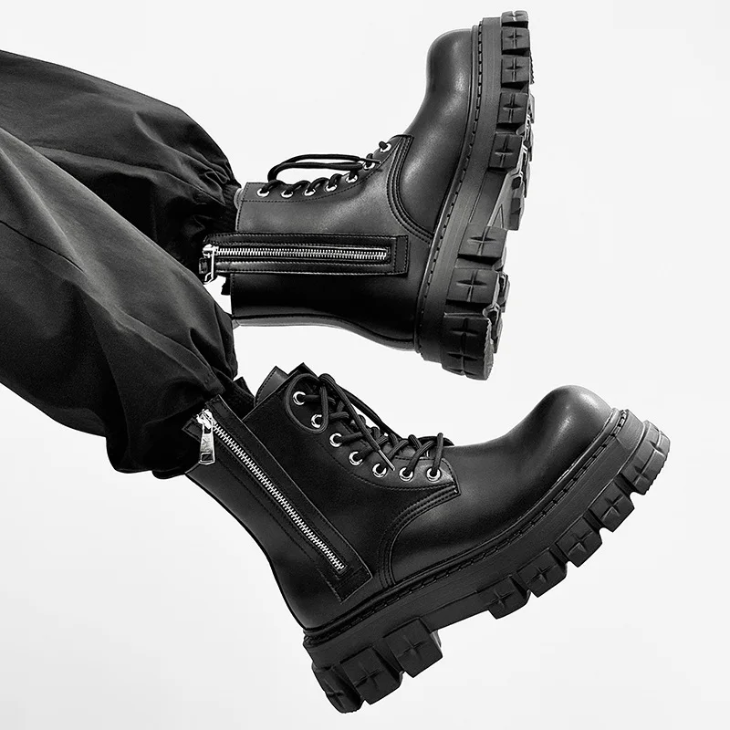 

men luxury fashion party nightclub high motorcycle boots lace-up natural leather shoes cowboy platform boot designer ankle botas