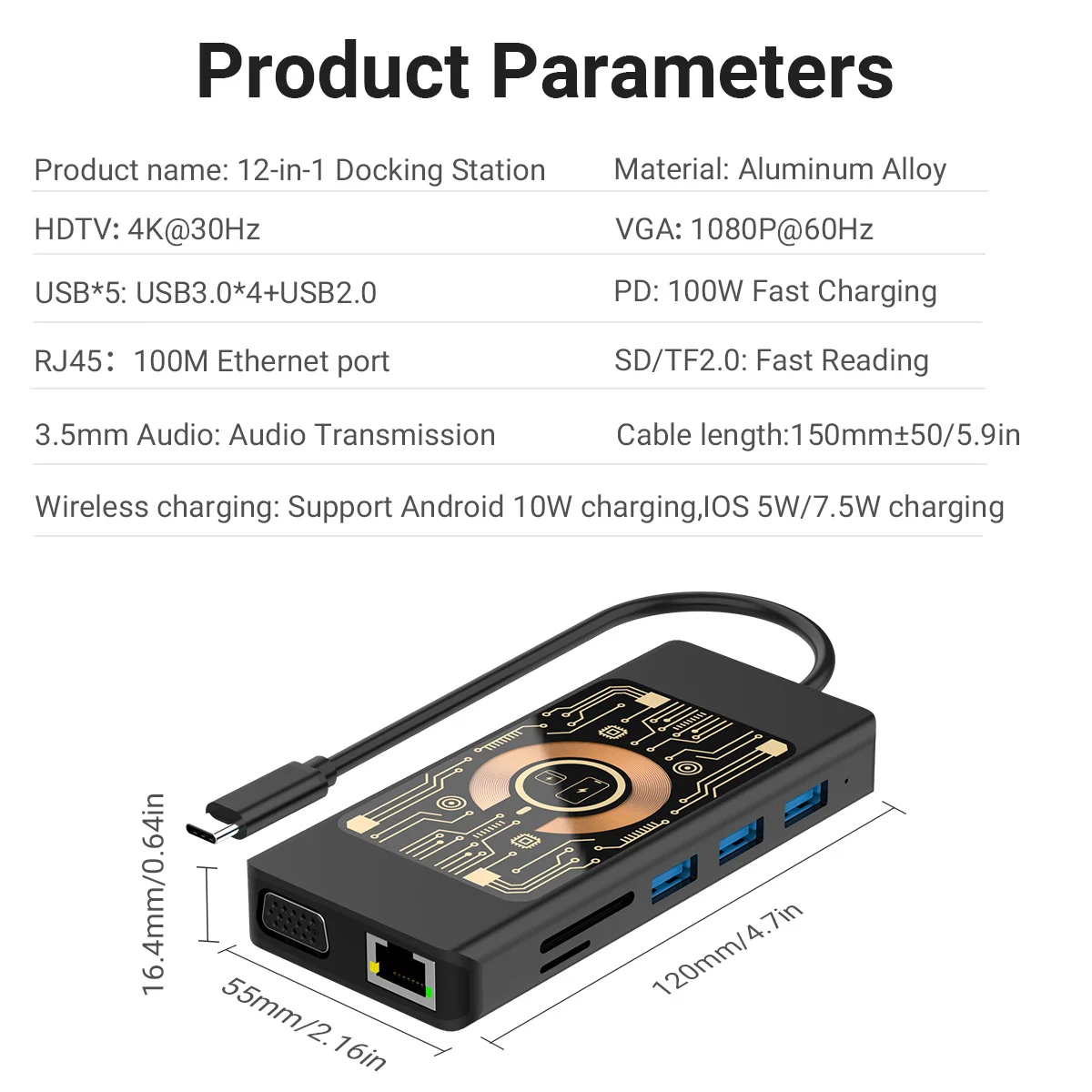 고팔라 USB C 허브 도킹 스테이션 듀얼 모니터, HDTV VGA 무선 충전기 포함, 맥북 델 XPS용 USB 3.0 및 2.0 이더넷 PD, 12 인 1