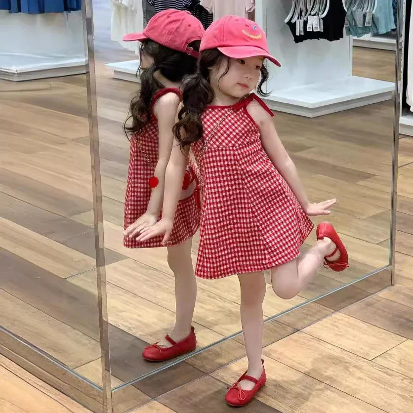 22358 Baby Girl's Dress Summer 2024 Korean White and Red Plaid Baby Girl's Sling Dress 2-9Year Kid's Casual Dress