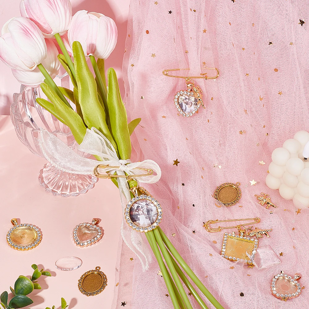 6 Sets 4 Styles Wedding Bouquet DIY Photo Charm Memorial Bridal Charm Golden Round Pin Brooch Making Kit Heart Memorial Locket