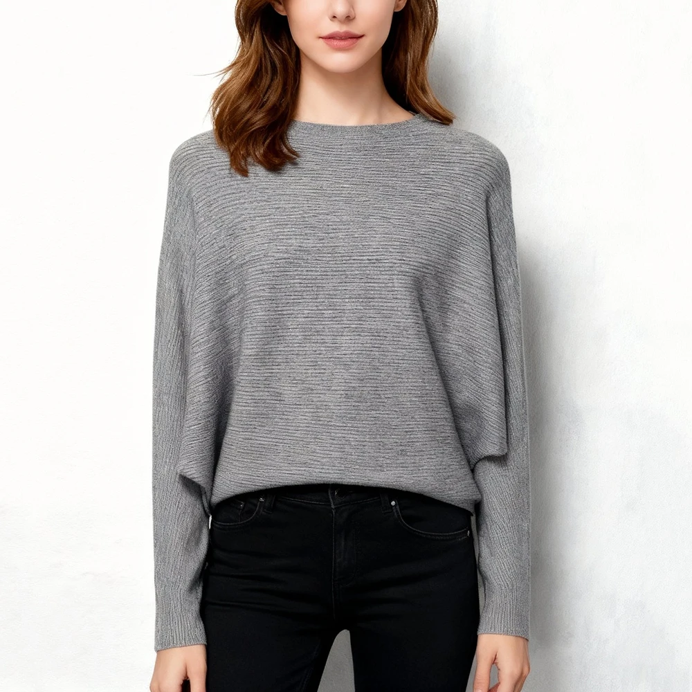 

2026 Spring Batwing Sleeve Top for Women Solid Color Boat Neck Knitted Pullover Top Trend Chic Lady Casual Shirt Tees Fashion