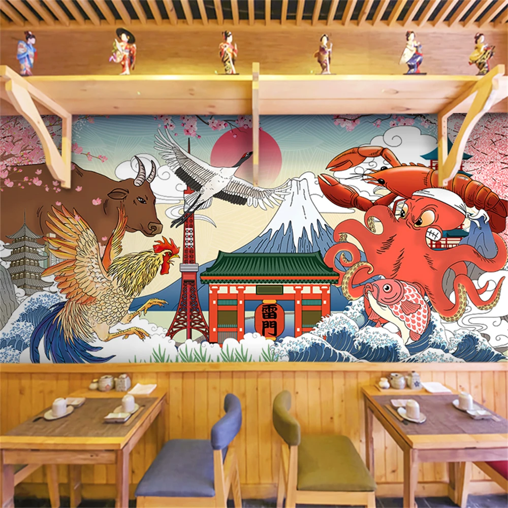 Custom Japanese Ukiyo-e Sea Wave Wallpaper Restaurant Wind 3D Wall paper Sushi Shop Jujiu Mural art Wall Cloth wall stickers