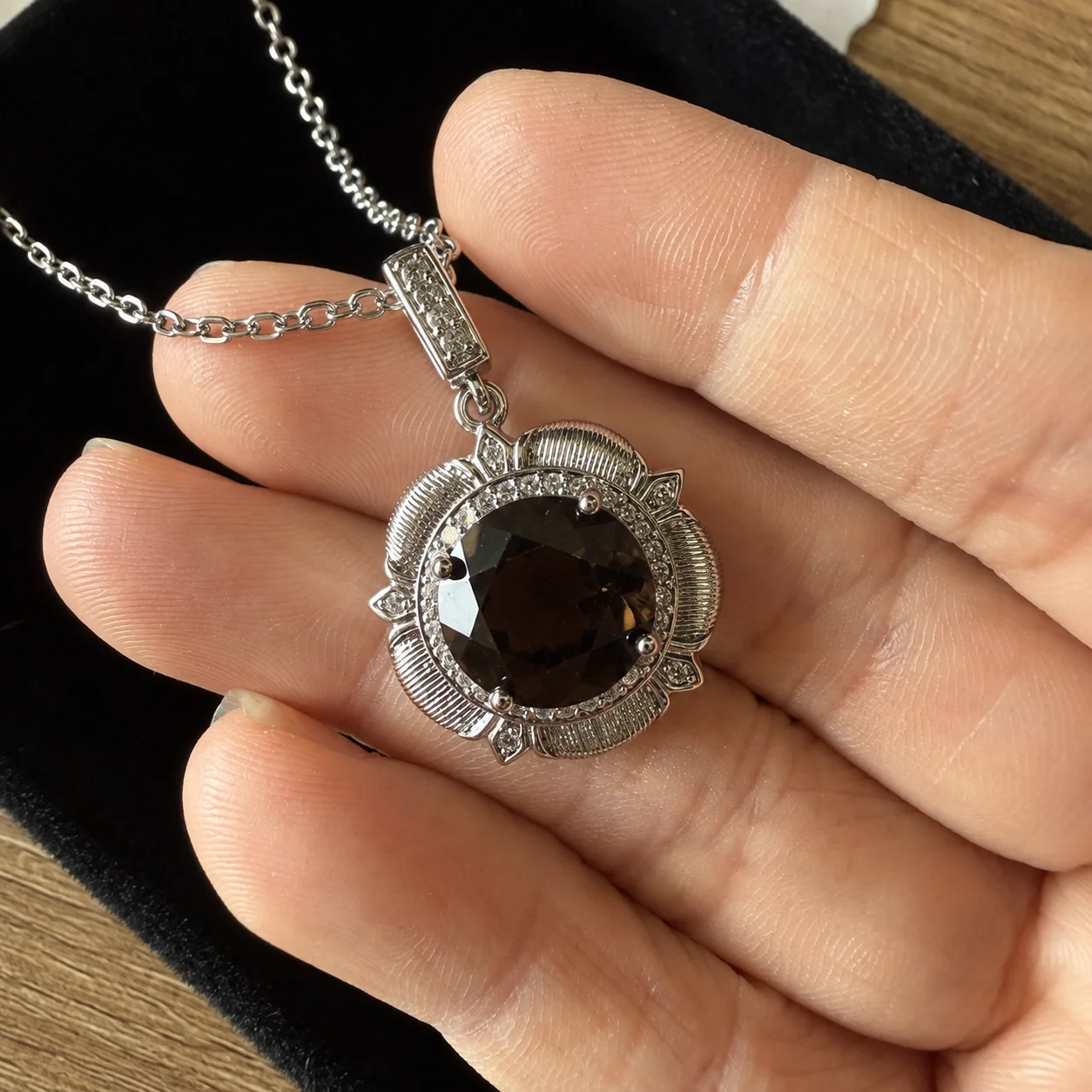 ITSMOS Natural Smoky Quartz Pendant Necklace Art Deco Brown Halo Pendant with Pavé Bail Antique Style Fine Jewelry for Women view 3