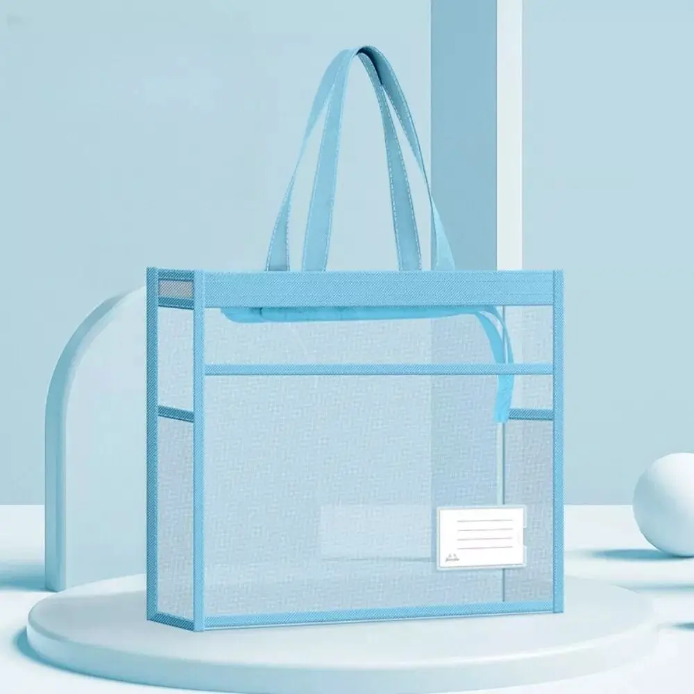 Portable A4 Transparent File Bag Mesh Large Capacity File Storage Bag Double-Layer with Handle Document Bag School Office