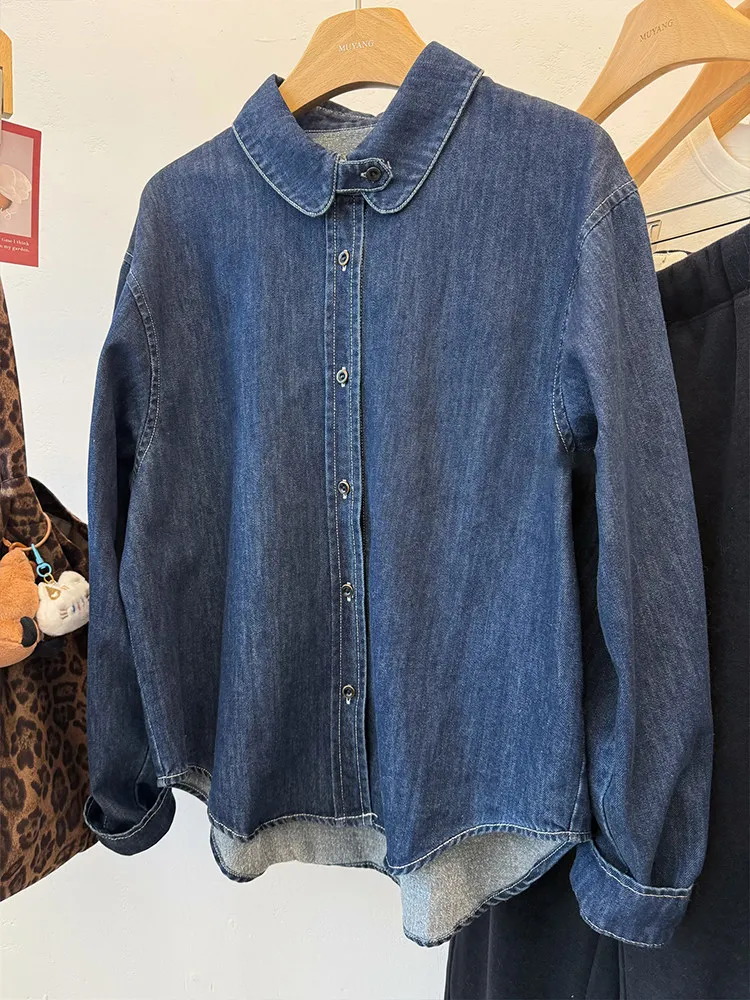 

Retro Korean Sle Long Sve Denim irt Women's Spring Slimming Versatile Design Small Collar Trendy Casual Faion