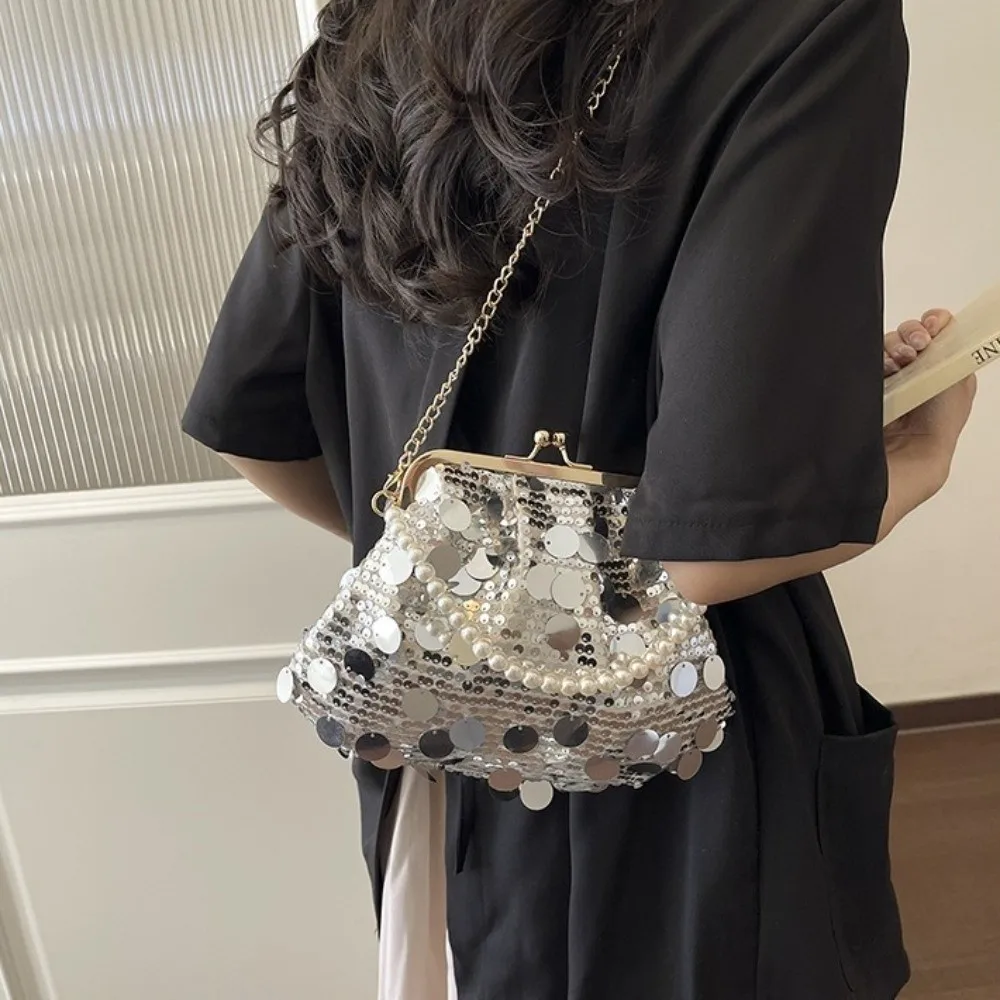 Retro Shiny Evening Banquet Bag Lock Buckle Glitter Chain Crossbody Bag Korean Style Single Shoulder Sequin Shoulder Bag Party