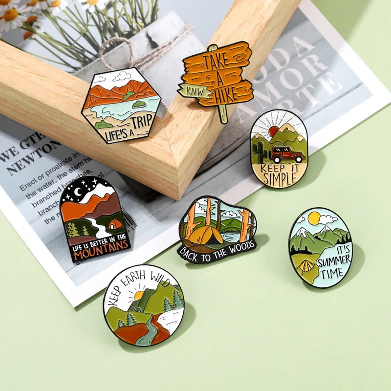 Creative Outdoor Camping Enamel Brooch Picnic Scenic Forest Campfire Metal Lapel Pins Backpack Accessories Jewelry Gifts For Kid