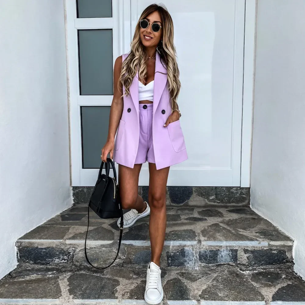 Spring Summer Women\'s 2PCS Sets Suits Vest with Shorts Office Ladies Tracksuits Two Piece Set Suit Coat and Shorts Set Outfits