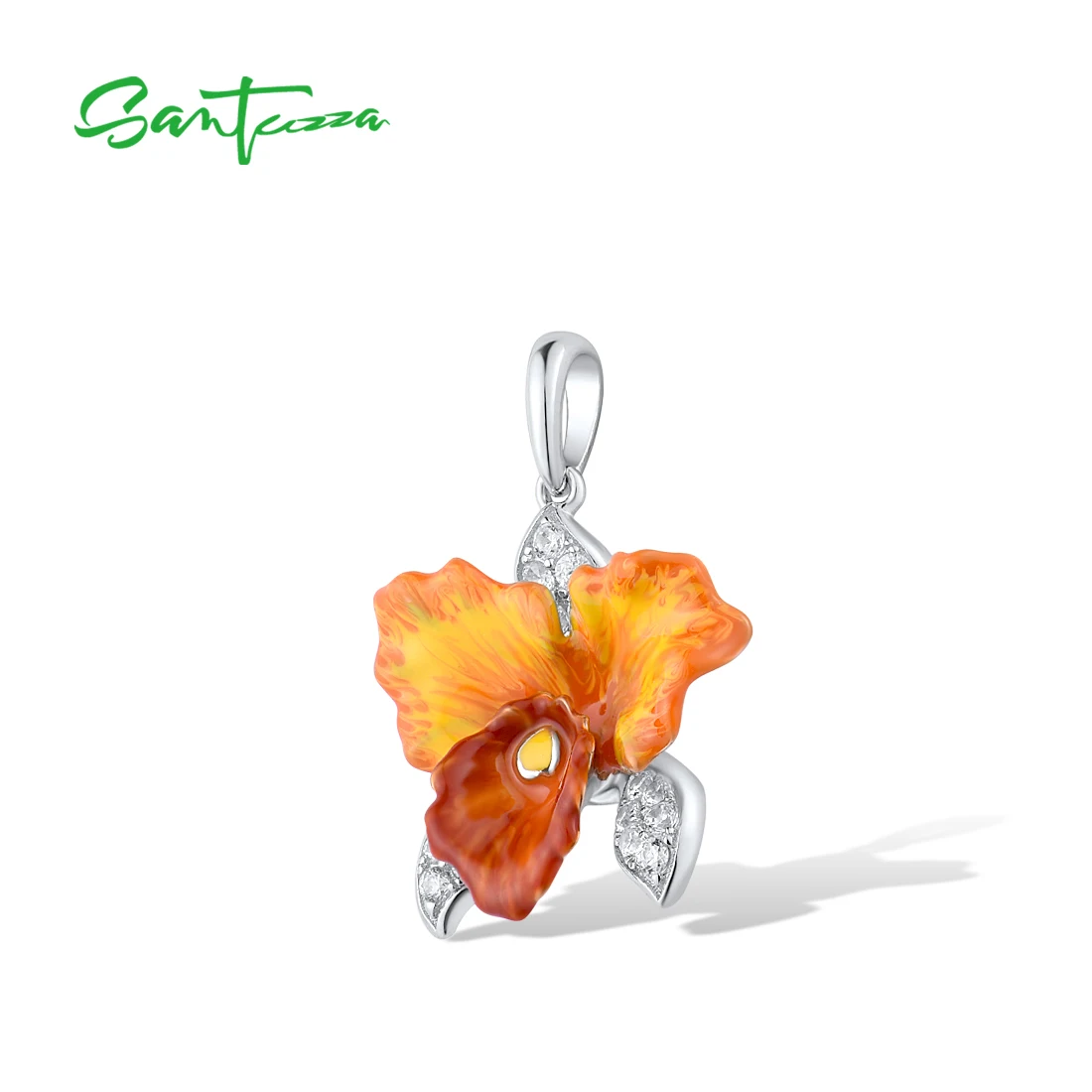 SANTUZZA Pure 925 Sterling Silver Pendant For Women Sparkling Orange Orchid Flower Trendy Party Gifts Fine Jewelry Enamel