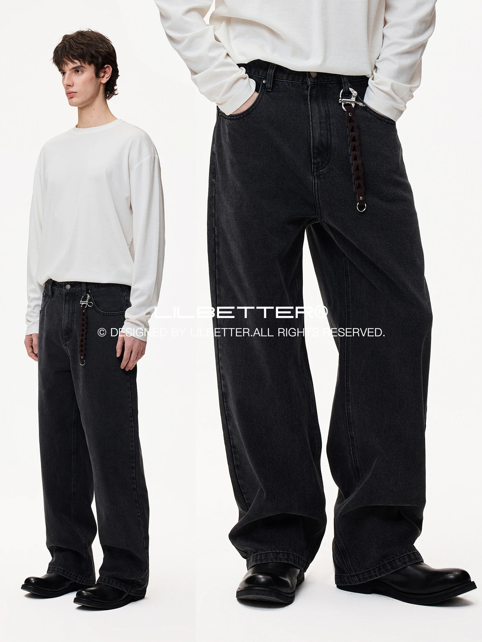 Lilbetter American Style Snowflake Washed Jeans Men's Commute Wear Resistant Breathable Loose Straight Leg Long Pants