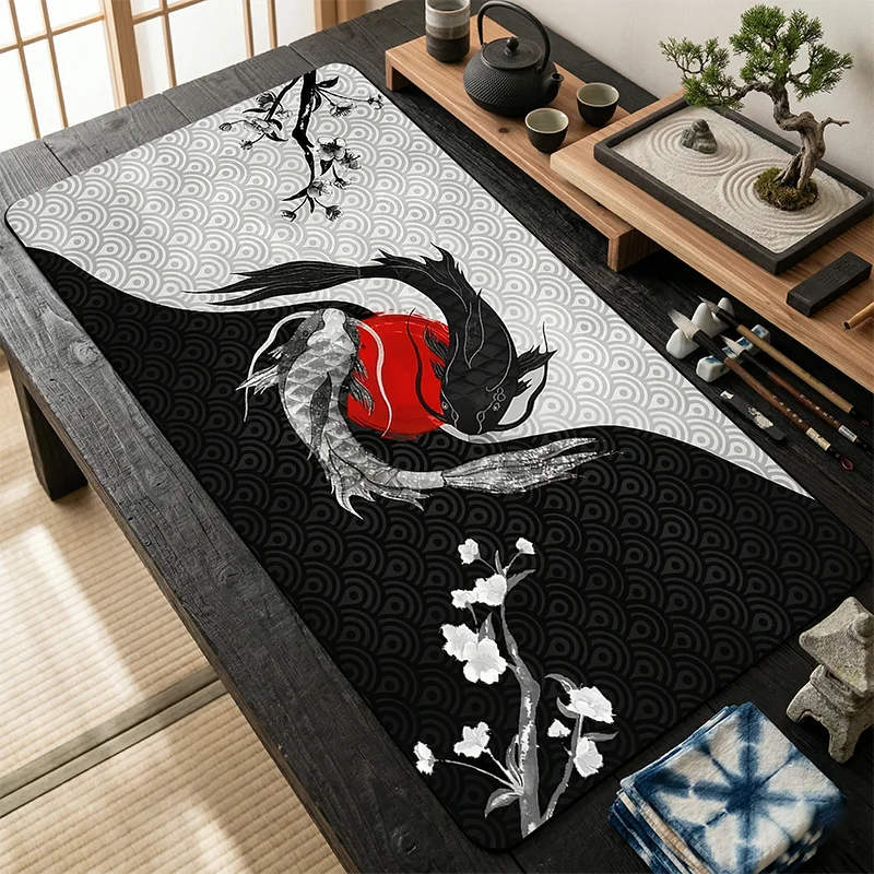 

Yin Yang Koi Fish Gaming Tablecloth Mouse Pad Japanese Art Red Sun Desk Mat Cherry Blossom Keyboard Pad Non-Slip Base Setup Room