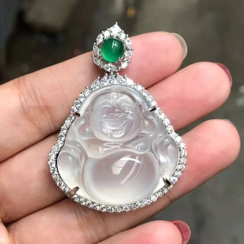 

Ice Seed Agate White Chalcedony Pot-bellied Buddha Male Jade Buddha Pendant Female Pendant Necklace