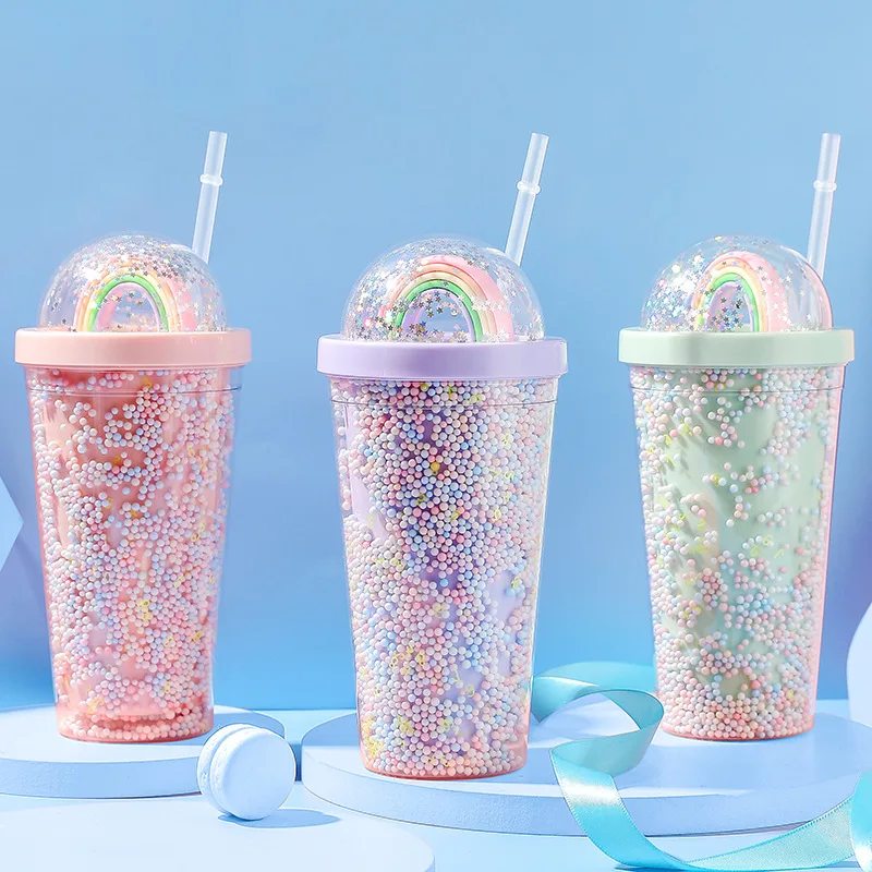 

550ML Double layer Rainbow Plastic Water Bottle with Straw Korean Creative Sweet Cup Milk Coffee Tea Cup Drinking Tumbler