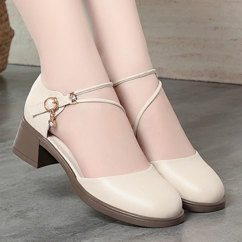 4.5cm All Match Spring Summer Round Head Med Block Heels Shoes 2026 Bandage Soft Leather Shoes Platform for Office Mom - view 6