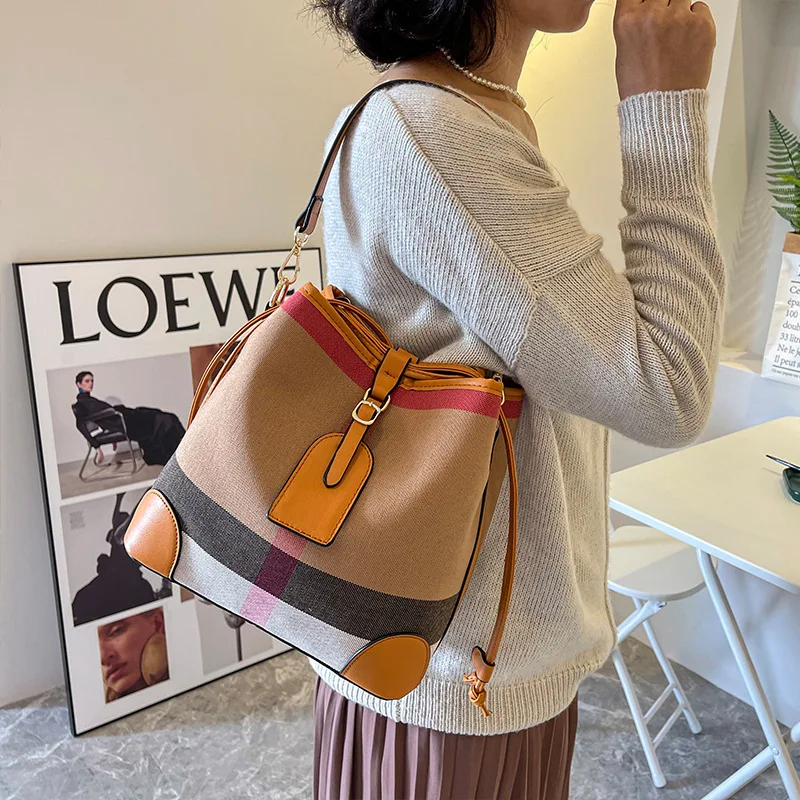 

2025 New Plaid Canvas Bucket Bag, Chic Elegant Drawstring Waist Tote, Convertible Shoulder & Crossbody Purse for Women