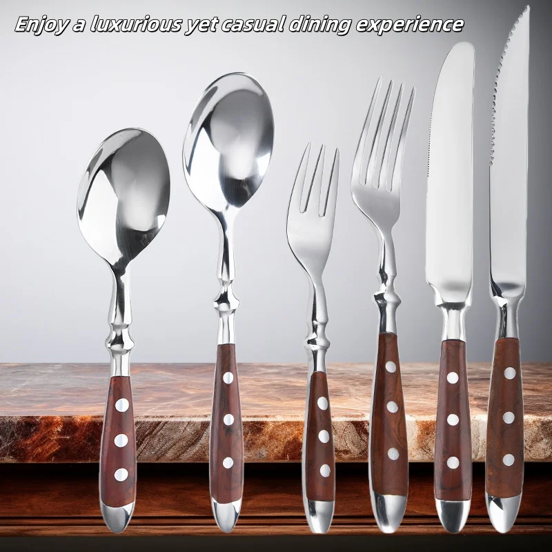 Classic Elegant Stainless Steel Cutlery Set Simulated Redwood Fork Spoon Knife Full Dinning Fork Steak Knife Teaspoon Creative