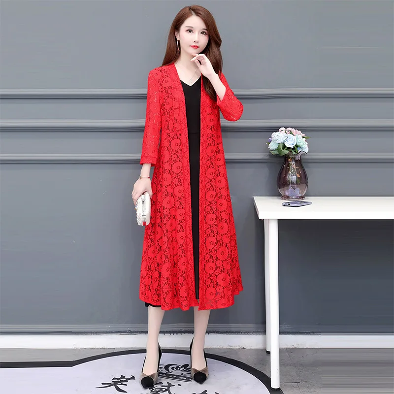 

Women's Mid-Length Lace Hollow out Cardigan Summer New Style Outerwear Korean Version Shawl Open-Shirt Polyester Fiber