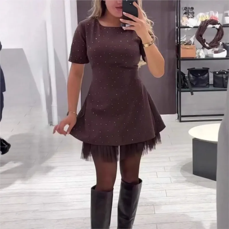 Mini robe élégante en diamant pour femmes, manches courtes, col rond, fil de maille épissé, jupe trapèze en dentelle, robes de soirée de vacances