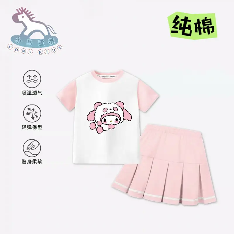 

Sweet Kuromi Anime Kawaii Cinnamoroll MINISO Short Sleeved Dress Summer Cute My Melody Princess Shirt Clothing Gifts for Kids