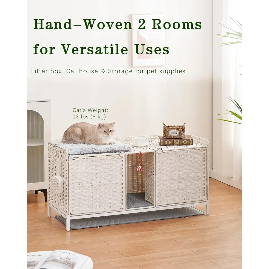 علبة نفايات كبيرة للقطط من الروطان لقطتين بتصميم مخفي وغرفة مزدوجة وباب 47.3 لتر × 19.7 عرض × 24 ساعة تتضمن حصيرة و