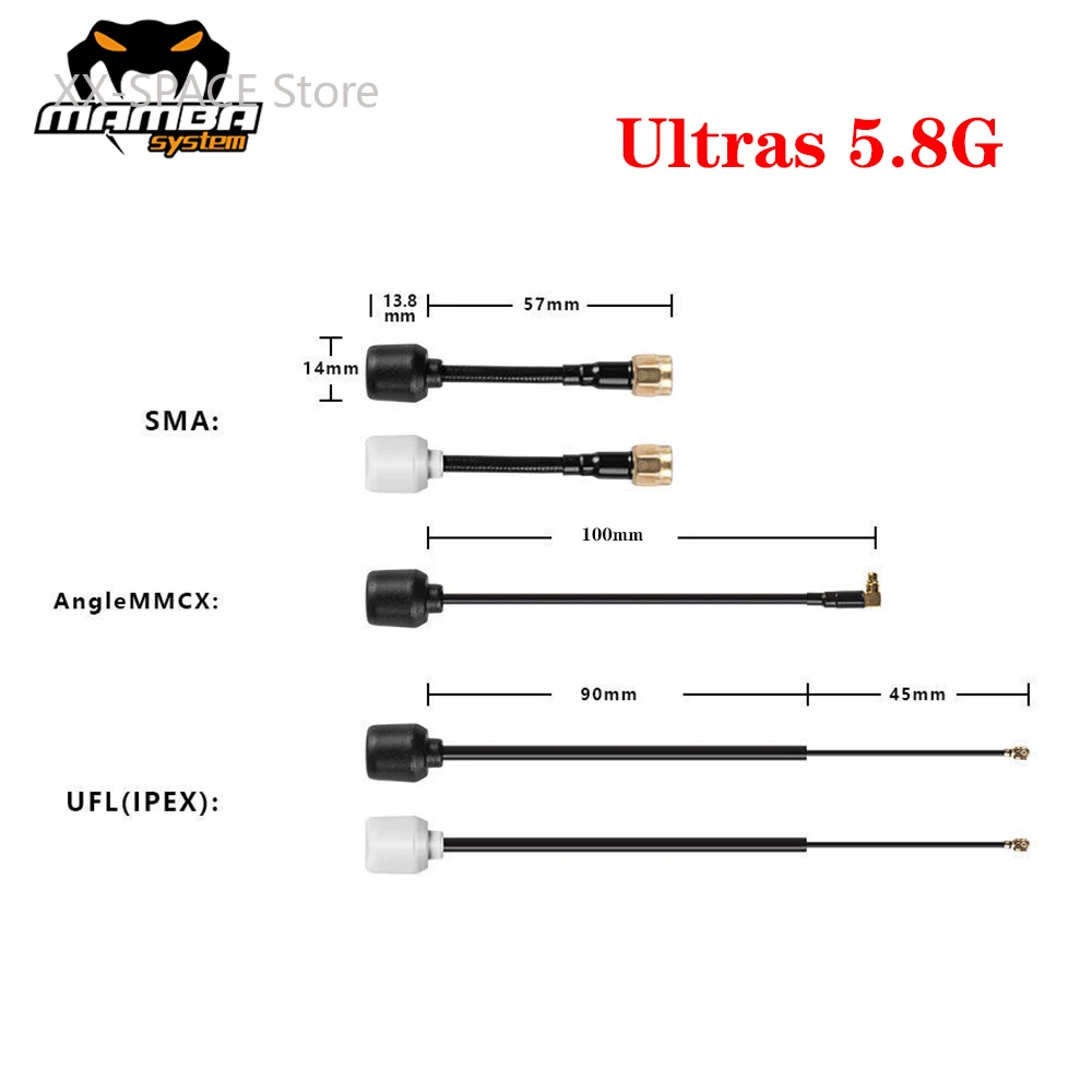 

DIATONE MAMBA ULTRAS 5.8G Antenna SMA/UFL(ipex) AngleMMCX RHCP/LHCP Frequency range（MHz)5500-6000 2.5dBi for RC FPV Racing Drone