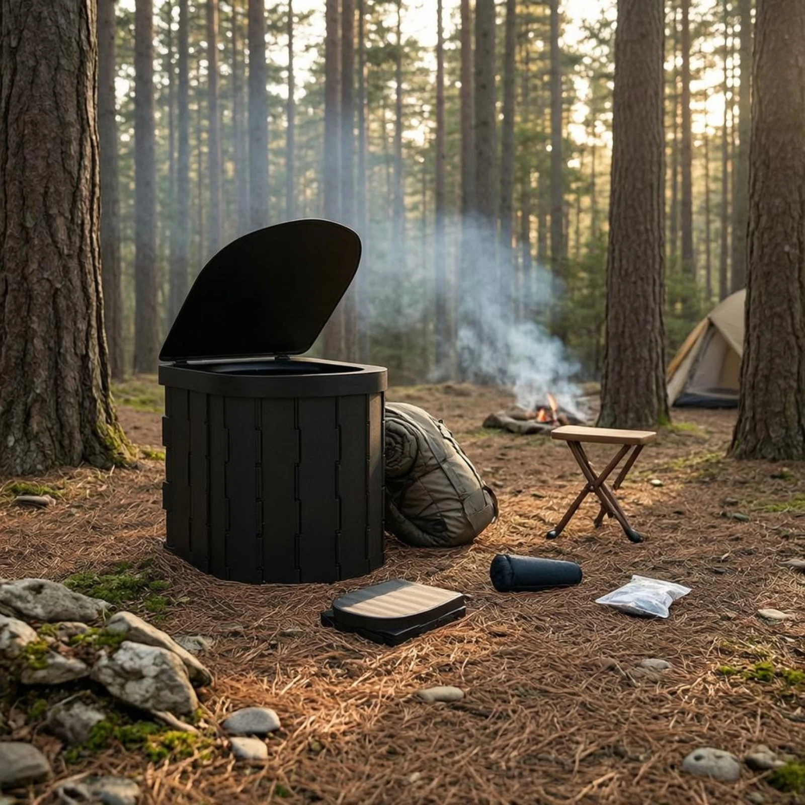 Compact Folding Camping Toilet with Hinged Lid Travel Portable Bathroom Easy to Clean Waste Bags Included for Outdoor Use