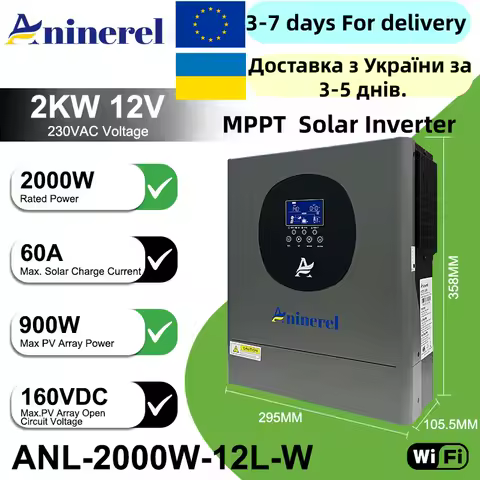 Aninerel 2KW 12V Hybrid Solar Inverter On Grid + Off Grid 230Vac Pure Sine Wave Inverter MPPT Solar Charger PV 60-500VDC WIFI
