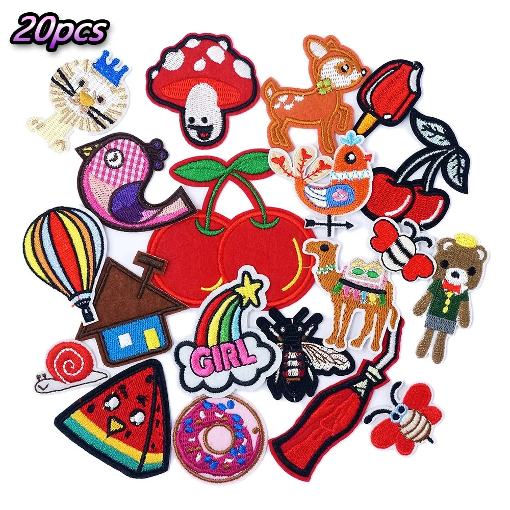 

20Pcs/Lot Red Cherry Mushroom Watermelon Set Iron on Patches for Clothing Patches Embroidered Applique Clothes Patch Sticker